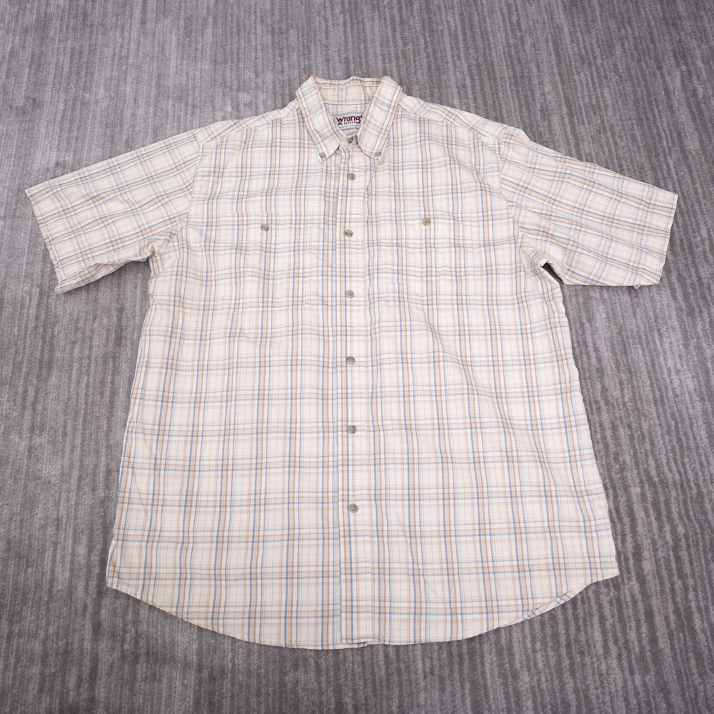 Wrangler Button Down Shirt Mens XL Tan Plaid Excellent Short Sleeve Rugged Wear
